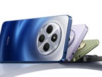 Smartphones Xiaomi Redmi 14C en couleurs bleue, verte et violette, empilés sur une surface courbe.