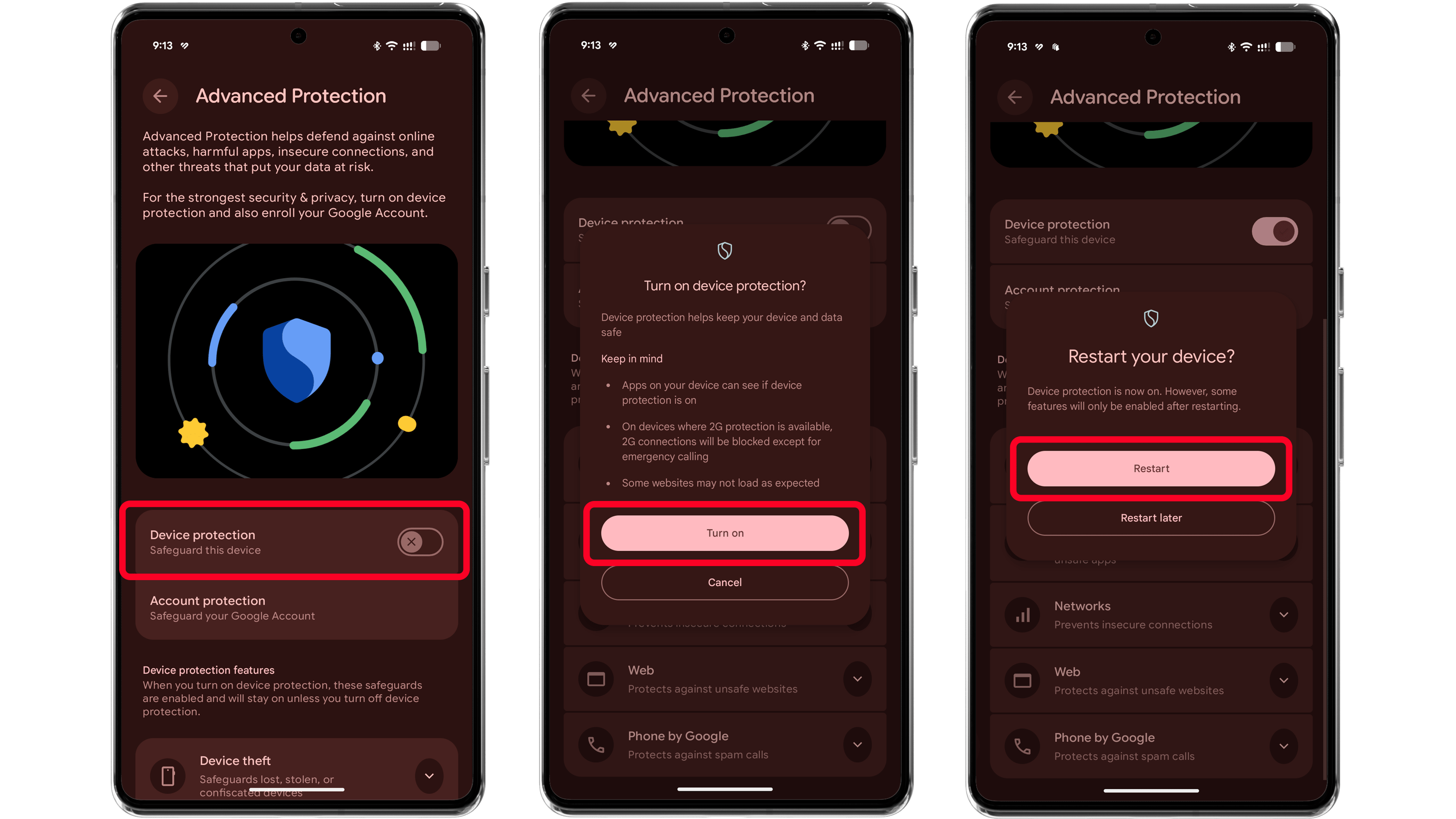 Captures d'écran des paramètres Android 'Protection avancée' avec options de protection des appareils.