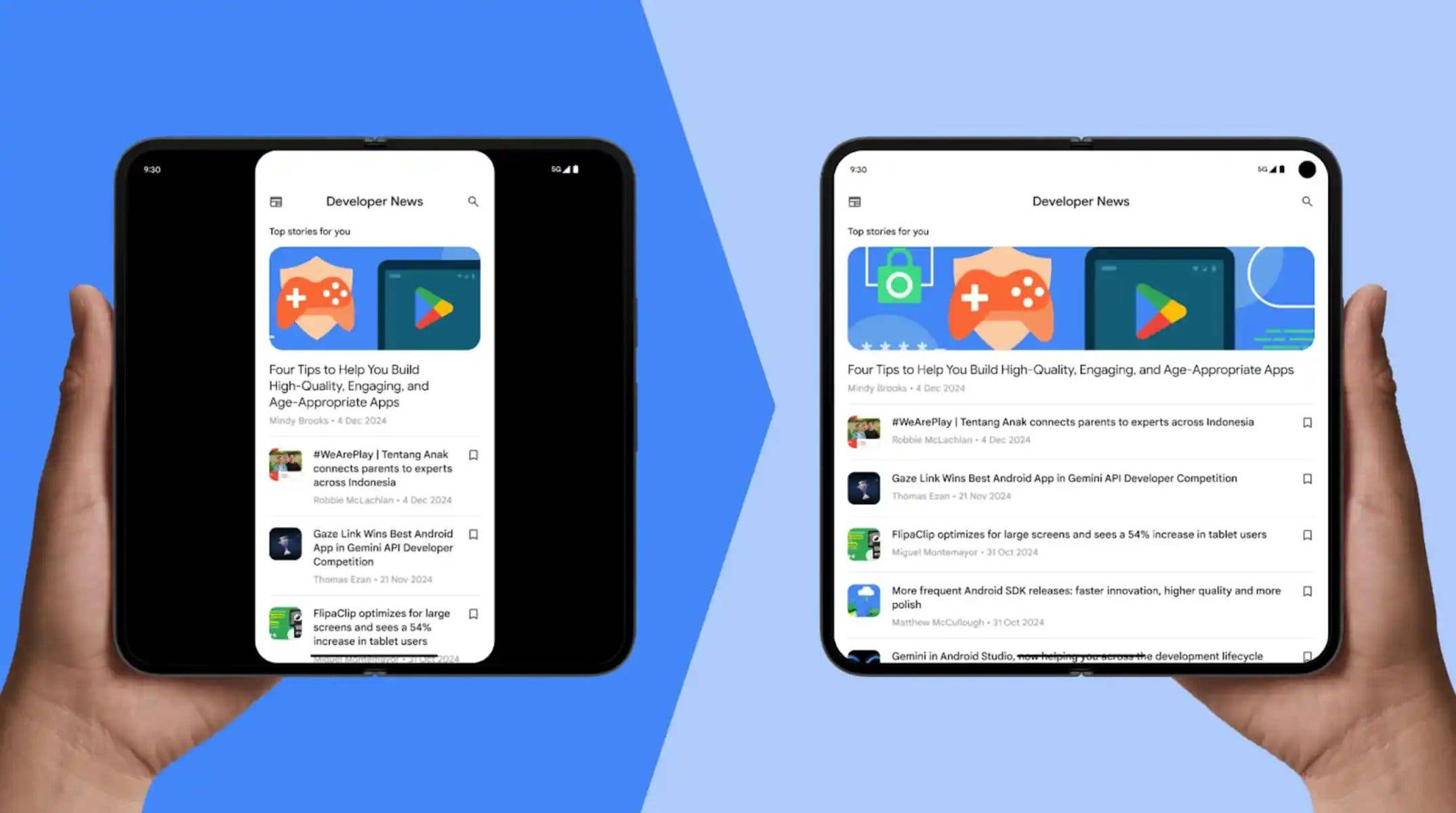 Deux tablettes affichant les actualités des développeurs de Google avec des suggestions d'applications et des titres d'articles.