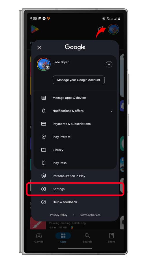 Interface de lu0027application Google Play affichant les paramètres et options du compte.