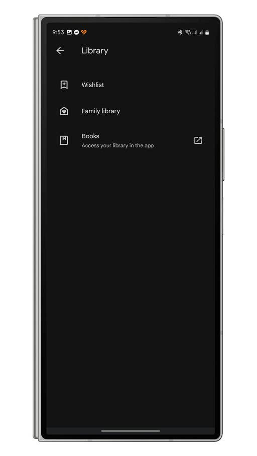 Page de bibliothèque sur une application mobile avec des options pour Liste de souhaits, Bibliothèque familiale et Livres.