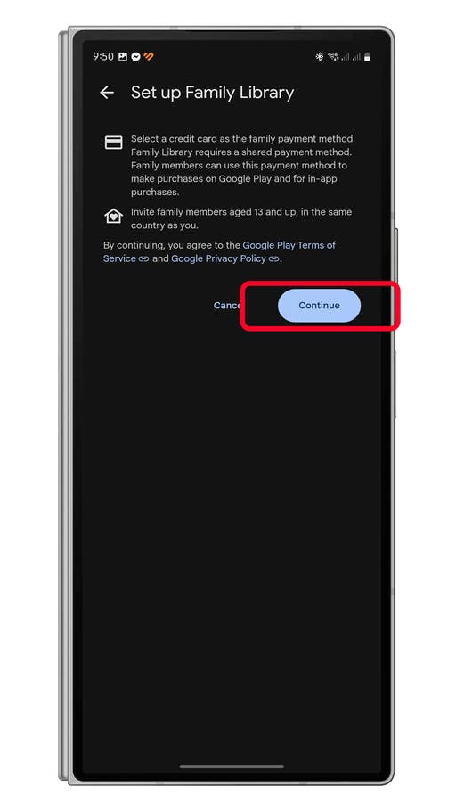 Écran de configuration pour la Bibliothèque Familiale sur un appareil mobile, avec sélection de carte de crédit et bouton u0027Continueru0027.