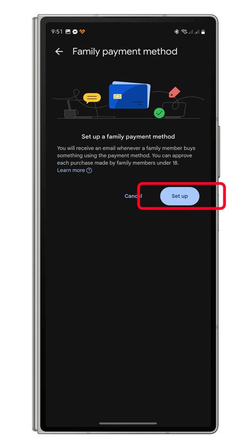 Écran de configuration du mode de paiement familial avec les boutons u0027Configureru0027 et u0027Annuleru0027.