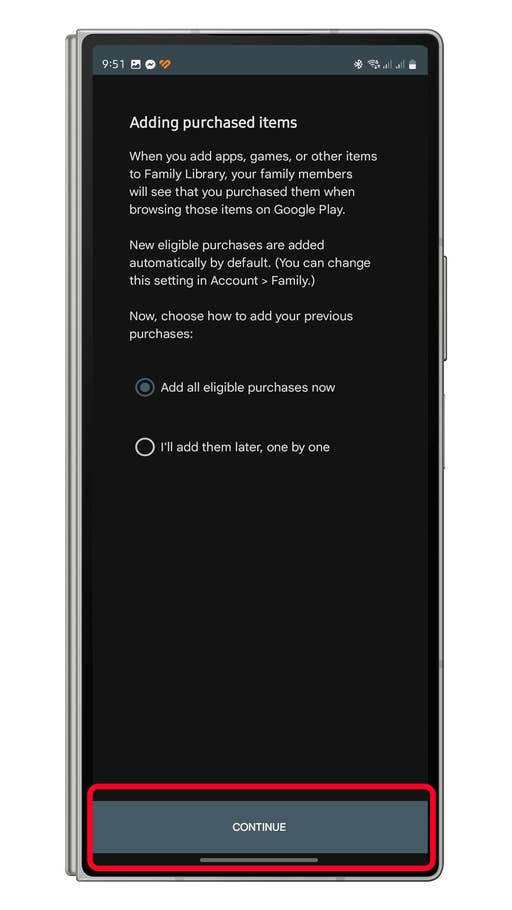 Écran affichant des options pour ajouter des éléments achetés à la Bibliothèque familiale sur Google Play.
