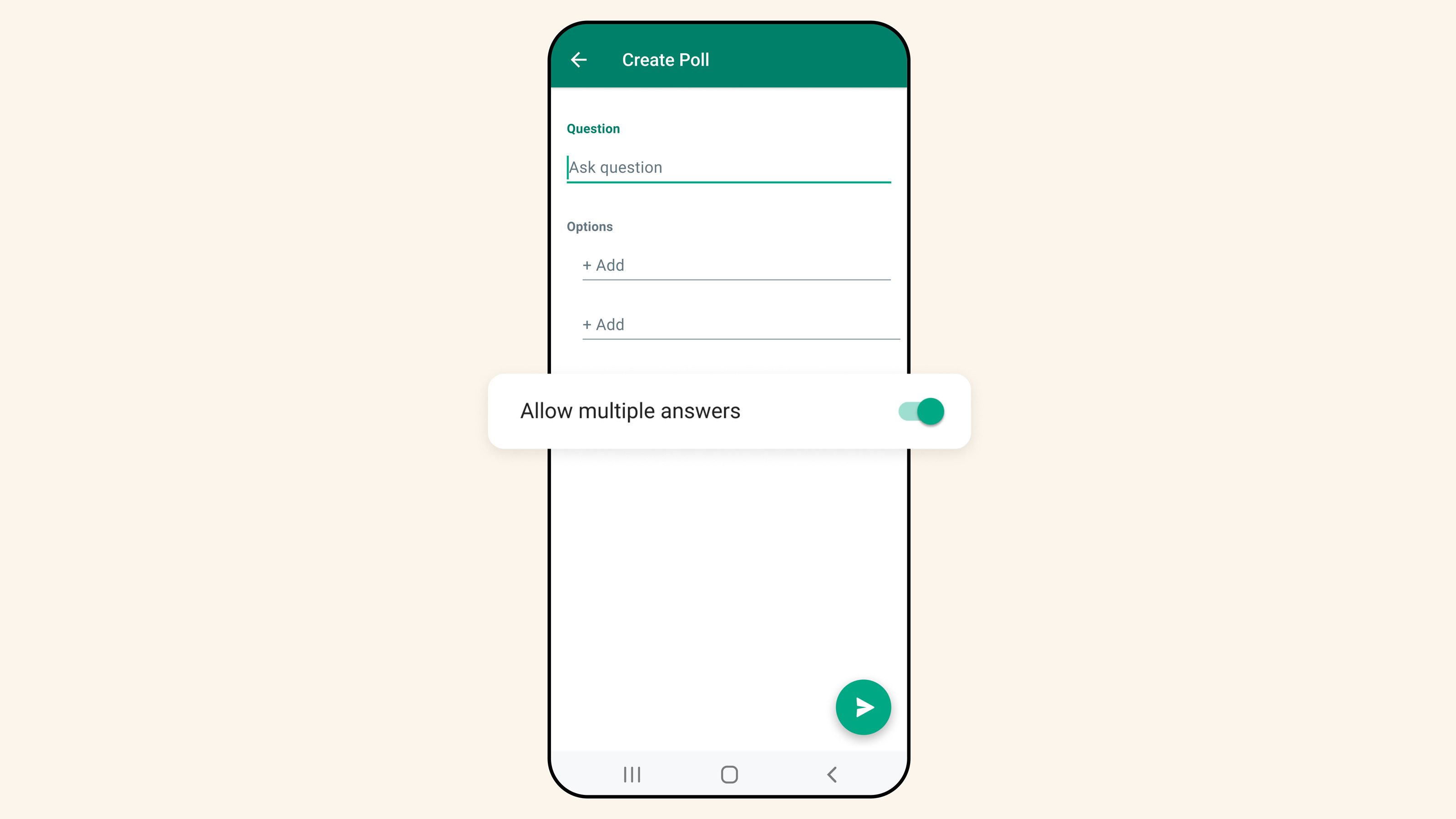 Interface de création de sondage WhatsApp avec des champs pour la question et les options.