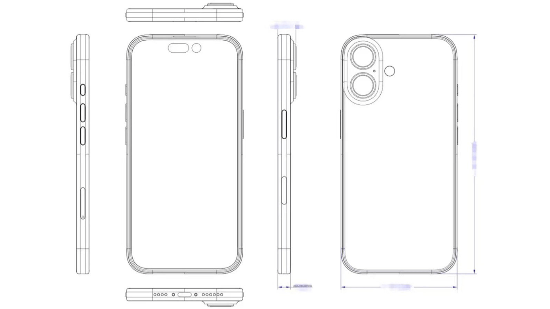 Le schéma de l'iPhone 16 (Plus) avec un double module photo redesigné et les nouveaux boutons Capture et Action. / © X/u/Majin Bu Official