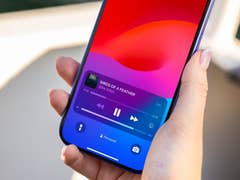 Une personne tient un Apple iPhone 16 affichant la chanson 'BIRDS OF A FEATHER' de Billie Eilish.