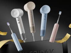 Sèche-cheveux et brosses à dents électriques Laifen sur fond noir avec une étiquette 'Black Friday' et des réductions.