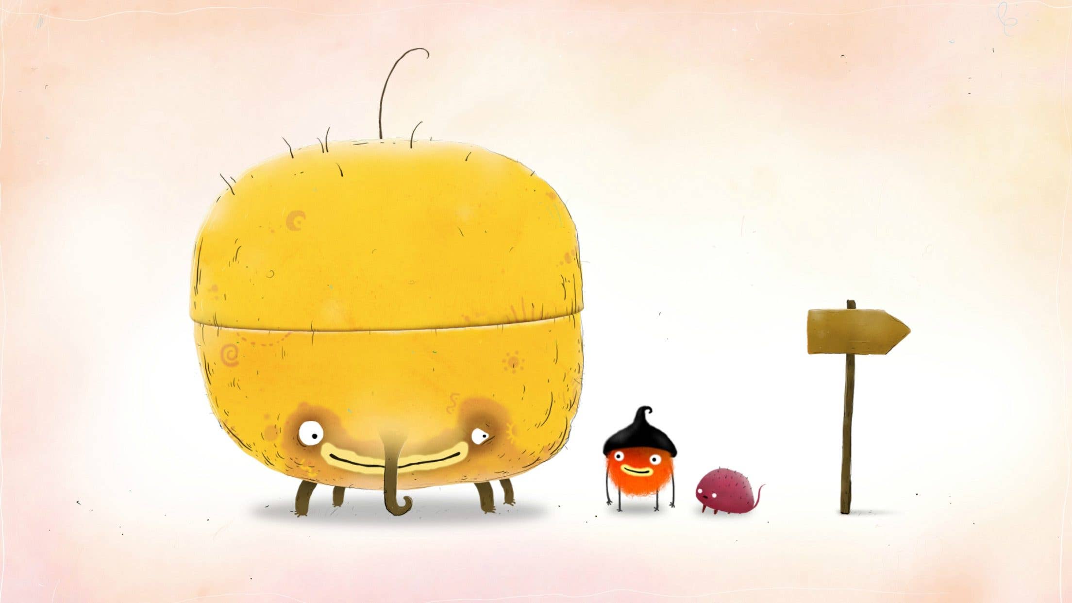 Un personnage jaune et rond avec un visage et des pattes se tient avec deux plus petits personnages à côté d'un panneau.