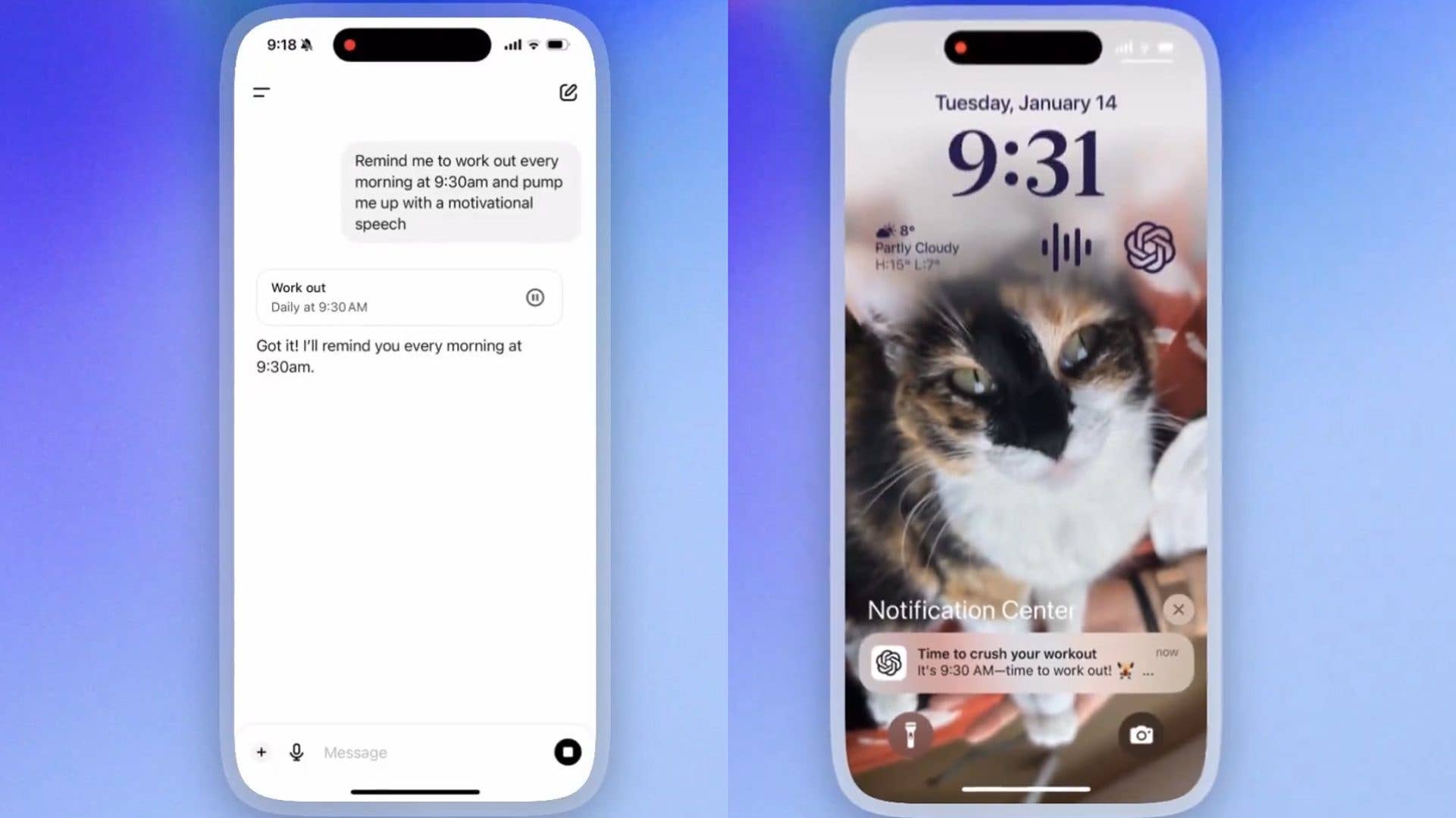 Un écran de smartphone affichant des rappels pour un entraînement, avec une image de chat et des détails météo.