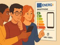 Trois personnes regardent une étiquette d'énergie pour smartphone montrant des notes de A à G.