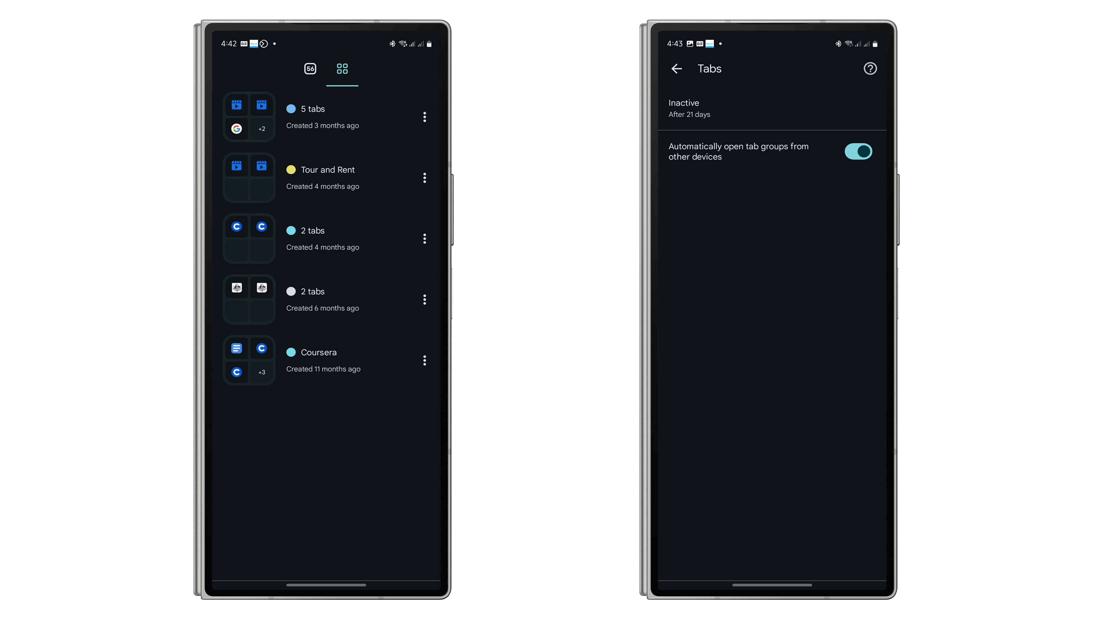 Deux écrans de smartphone affichant les paramètres de gestion des onglets Google.