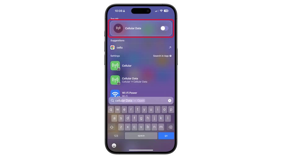 Écran du0027iPhone affichant le commutateur des données cellulaires et les options de recherche.