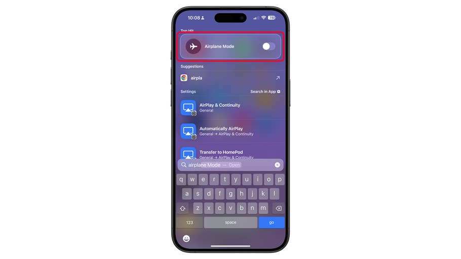Écran du0027iPhone montrant le commutateur du mode Avion dans le menu des réglages.