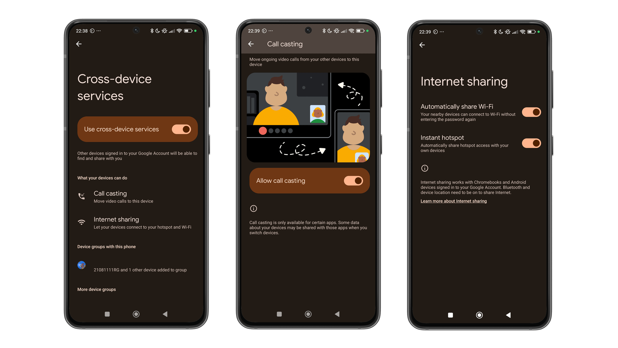 Trois écrans de smartphone affichant les paramètres des services Google entre appareils, y compris le partage de voix et d'internet.