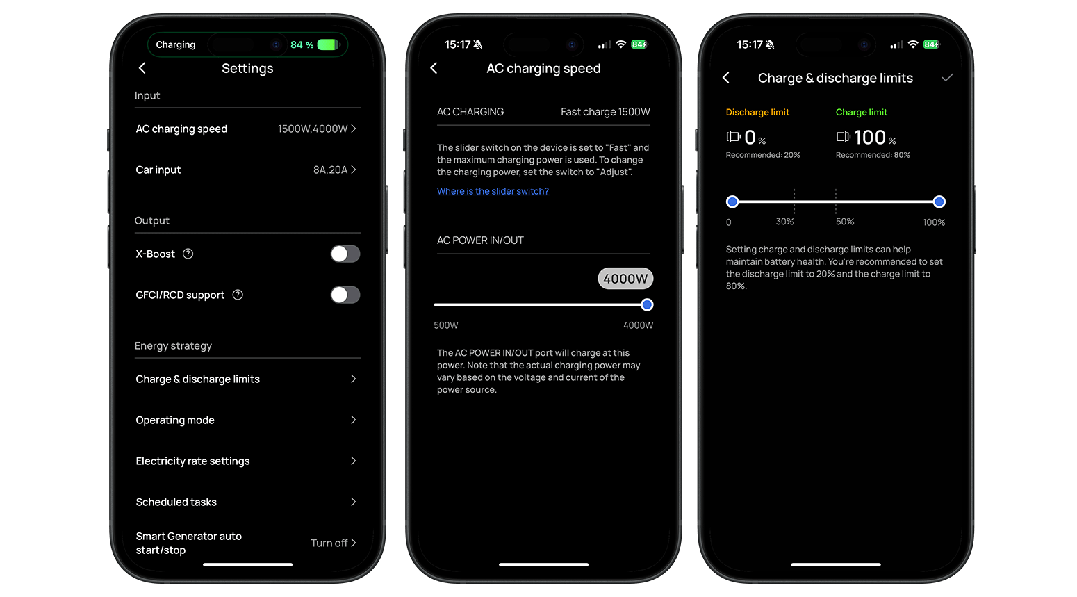 Interface de paramètres pour EcoFlow Delta Pro 3 montrant la vitesse de charge et les limites de décharge.