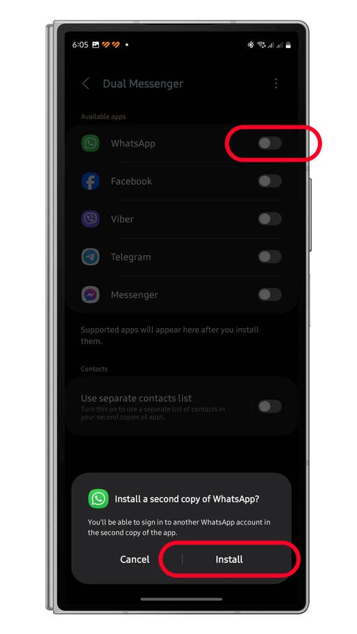 Écran de paramètres pour Dual Messenger, montrant des options pour installer une deuxième copie de WhatsApp.