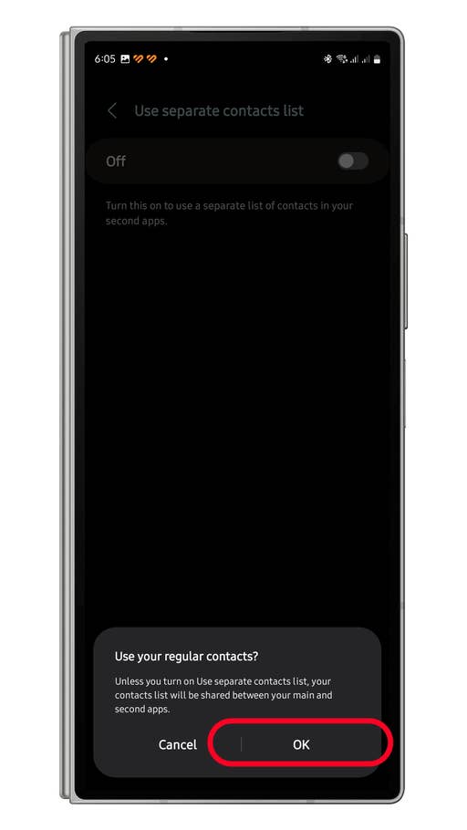 Écran de paramètres pour le clonage du0027applications avec lu0027option du0027utiliser une liste de contacts séparée, affichant u0027Désactivéu0027 et les boutons u0027Annuleru0027 et u0027OKu0027.