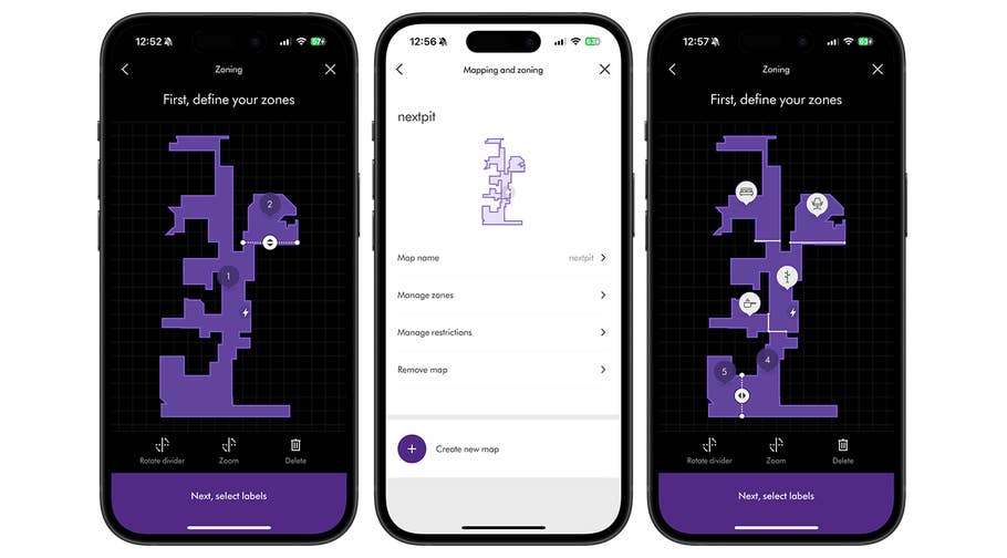 Trois smartphones affichant lu0027interface de zonage et de cartographie Dyson 360 Vis Nav, avec des options pour définir des zones.