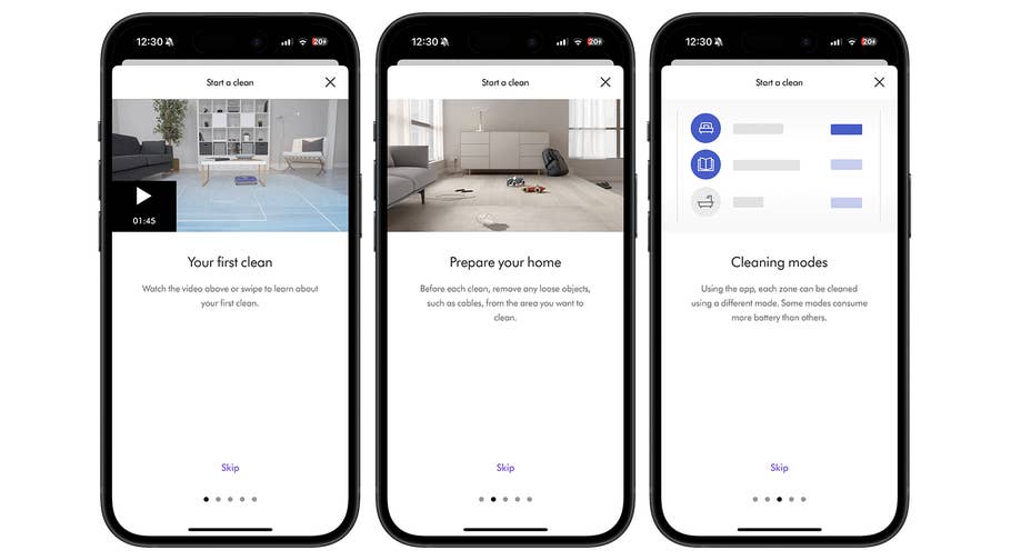 Écrans montrant des instructions du0027application pour le Dyson 360 Vis Nav, y compris des conseils et modes de nettoyage.