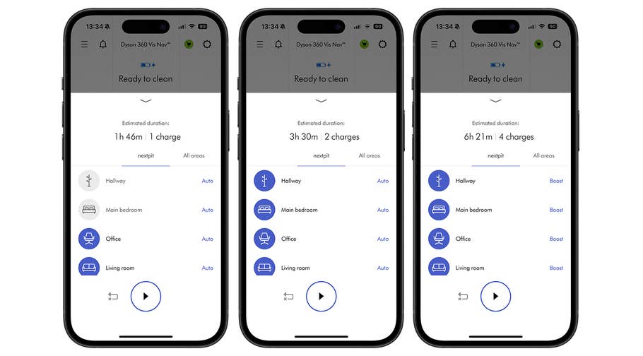 Trois smartphones affichant lu0027application Dyson 360 Vis Nav avec la durée de nettoyage et les options de pièces.