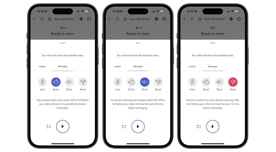 Trois écrans de smartphone affichant lu0027application Dyson 360 Vis Nav avec des options de nettoyage et un statut de batterie.