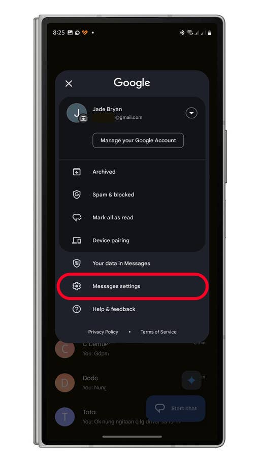 Menu des paramètres de Google Messages affichant des options comme Archivé, Spam et paramètres des messages.