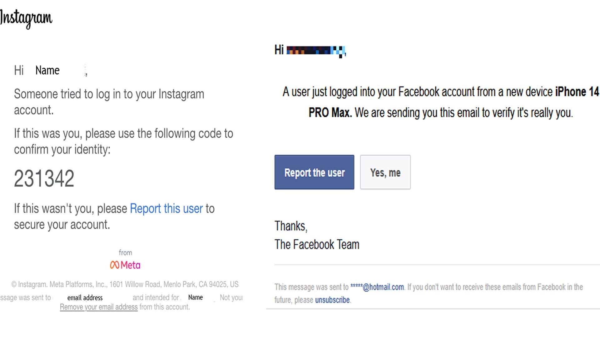 E-mail d'Instagram informant d'une tentative de connexion, avec un code de confirmation.