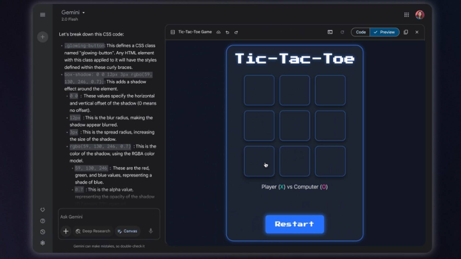 Explication du code CSS pour une interface de jeu Tic-Tac-Toe avec options joueur contre ordinateur.
