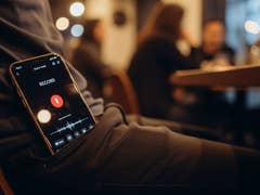 Un smartphone affichant une application d'enregistrement avec 'RECORD' et une forme d'onde sonore, dans la poche d'une personne.