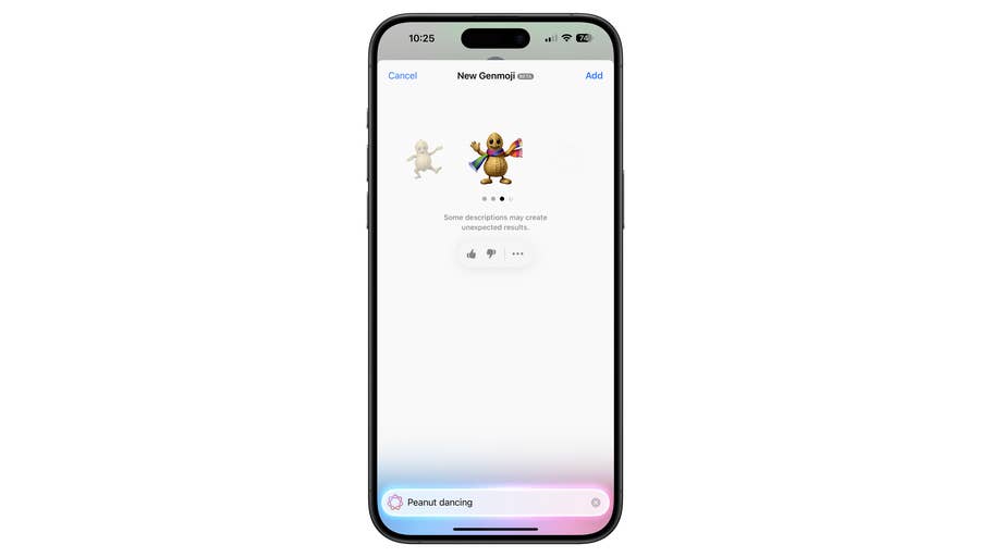 A smartphone screen displaying a new emoji creation interface with two animated characters and a text box.