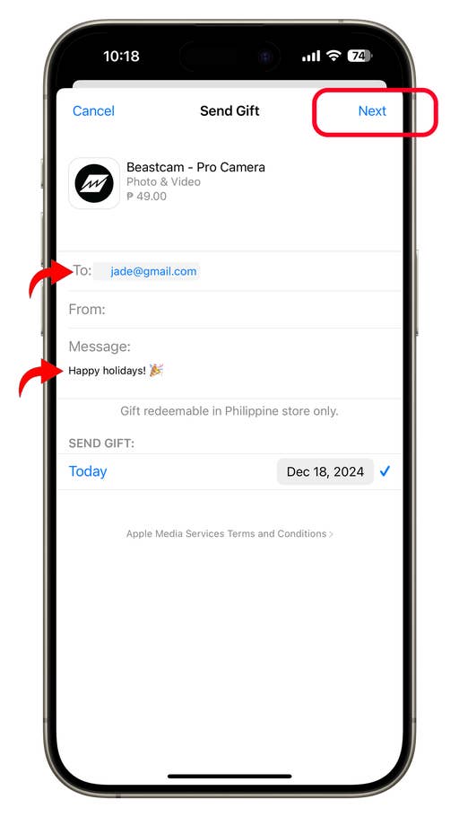 Écran du0027iPhone affichant lu0027interface Envoyer un cadeau pour lu0027application Beastcam avec des champs pour le destinataire et le message.