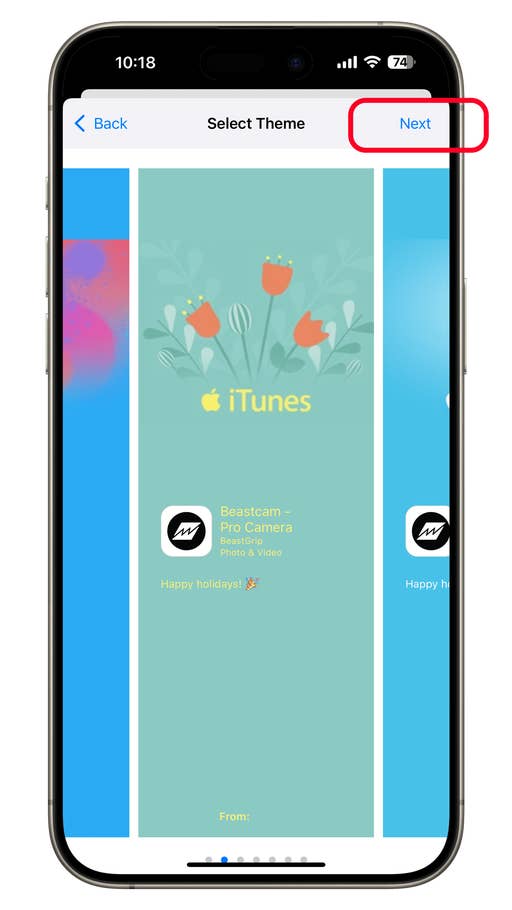 Écran du0027iPhone affichant la sélection de thème pour iTunes avec le bouton u0027Suivantu0027.