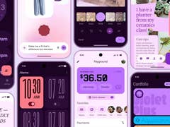 Écrans affichant diverses interfaces d'applications Android avec des thèmes violets, montrant l'heure, les alarmes et des conseils sur les plantes.
