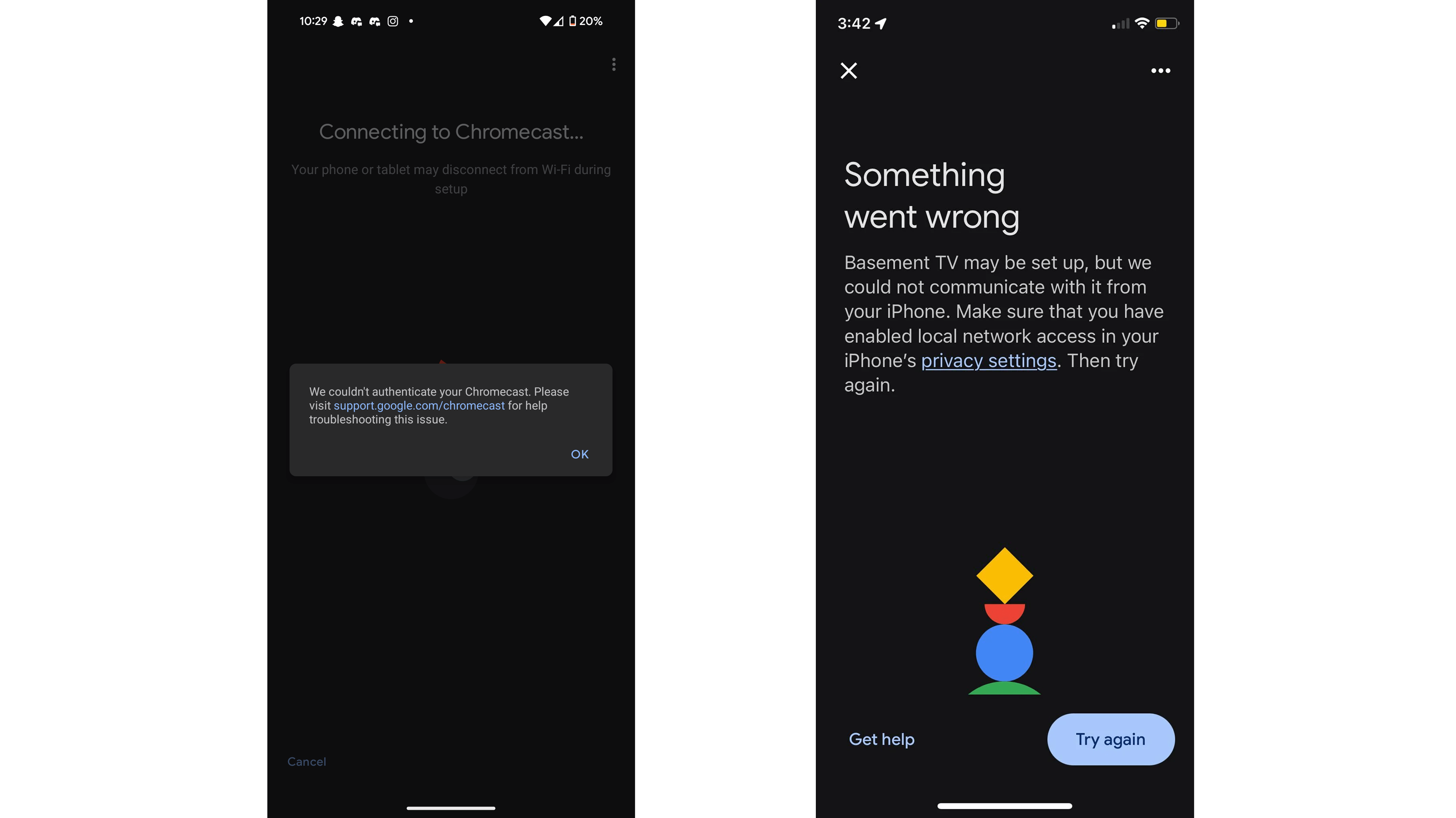 Écran de connexion à Chromecast avec message d'erreur concernant l'échec de l'authentification.