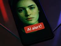 Un smartphone affichant un visage avec un motif de grille verte et un message 'Alerte IA!'.