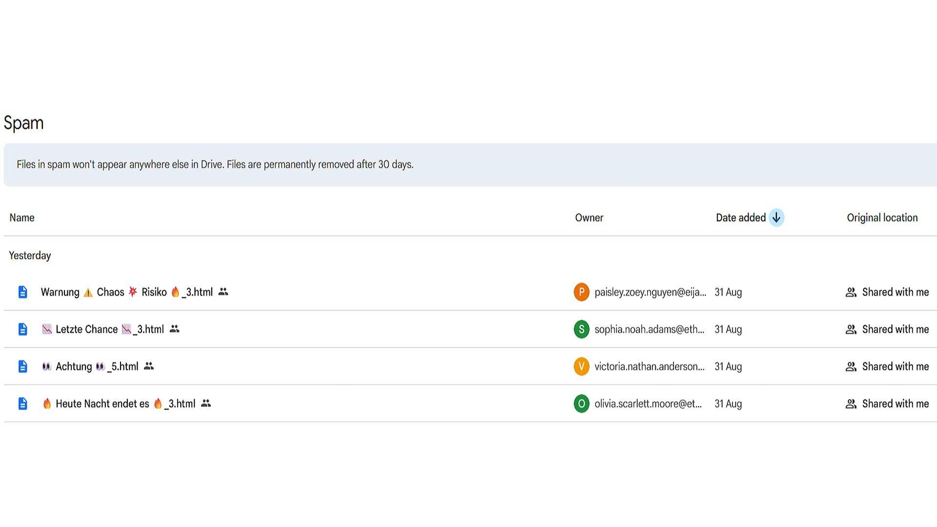 Dossier de spam dans Google Drive affichant des fichiers et leurs détails.