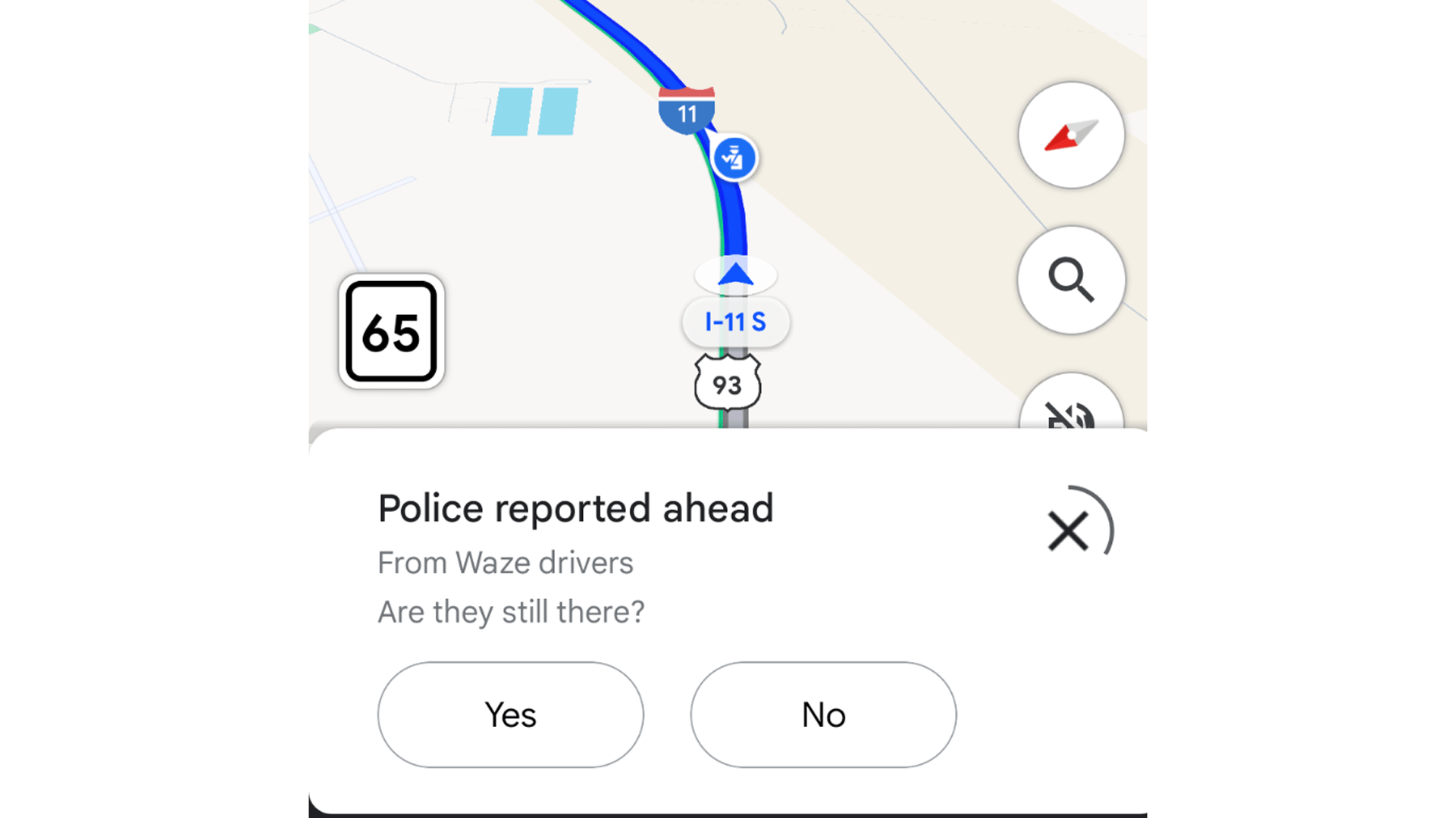 Google Maps affichant un itinéraire avec une limite de vitesse de 65 et un avertissement pour police signalée.