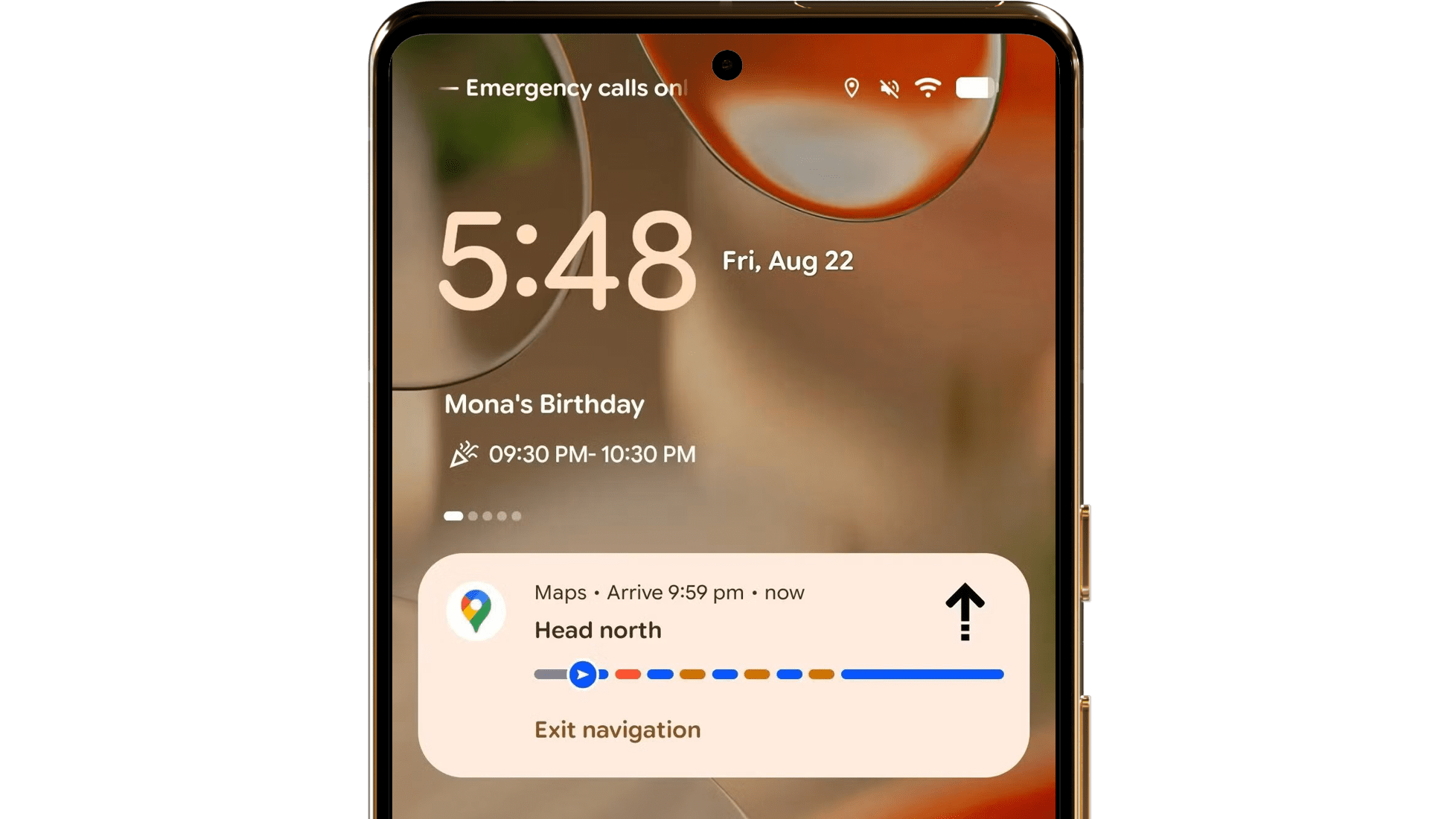 Google Pixel 8 Pro affichant l'heure 5:48, l'anniversaire de Mona et des instructions de navigation vers le nord.
