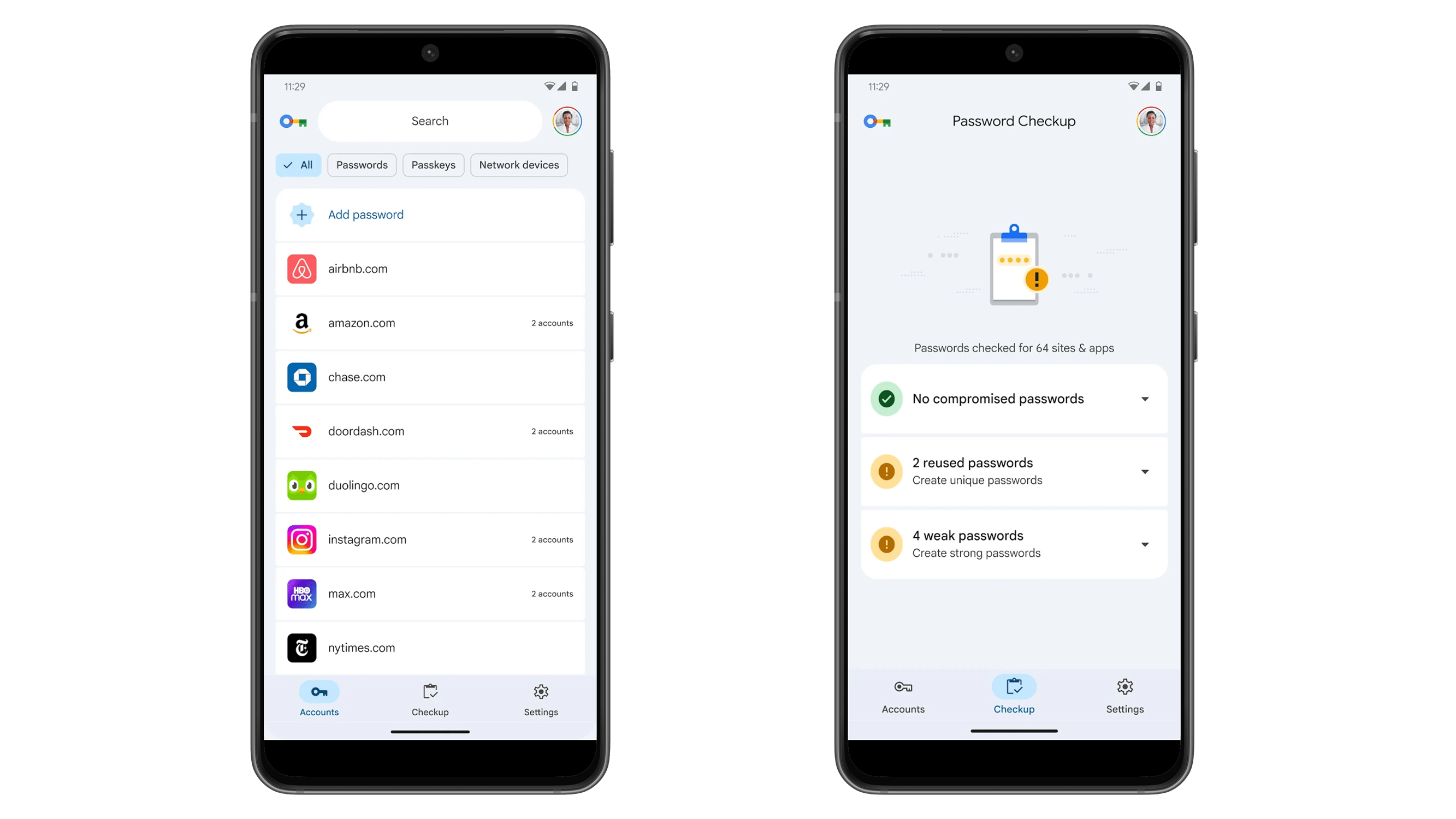 Deux smartphones affichant une interface de gestion des mots de passe avec des comptes et des fonctionnalités de vérification des mots de passe.