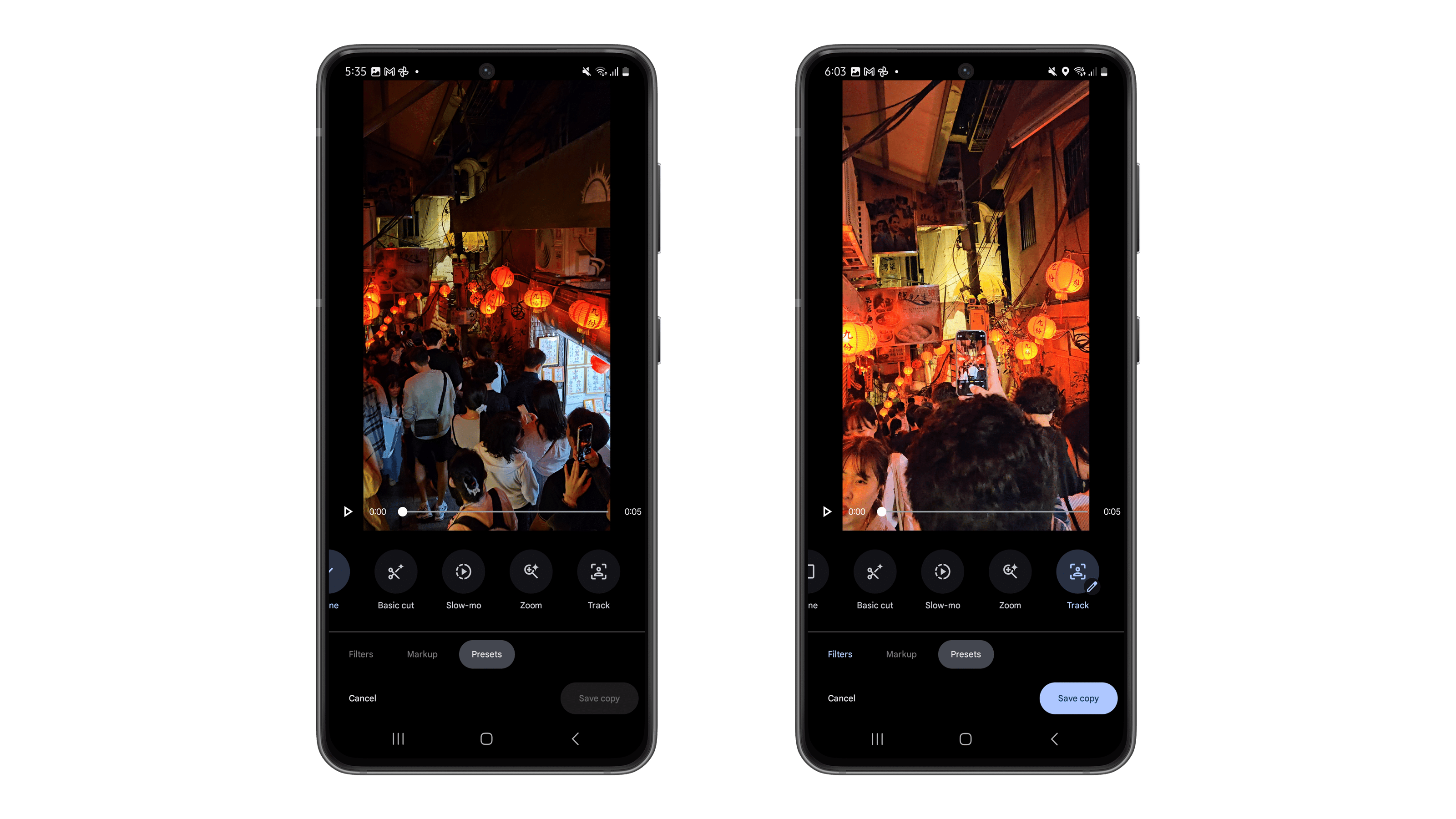 Deux smartphones affichant des options d'édition avec des lanternes colorées en arrière-plan.