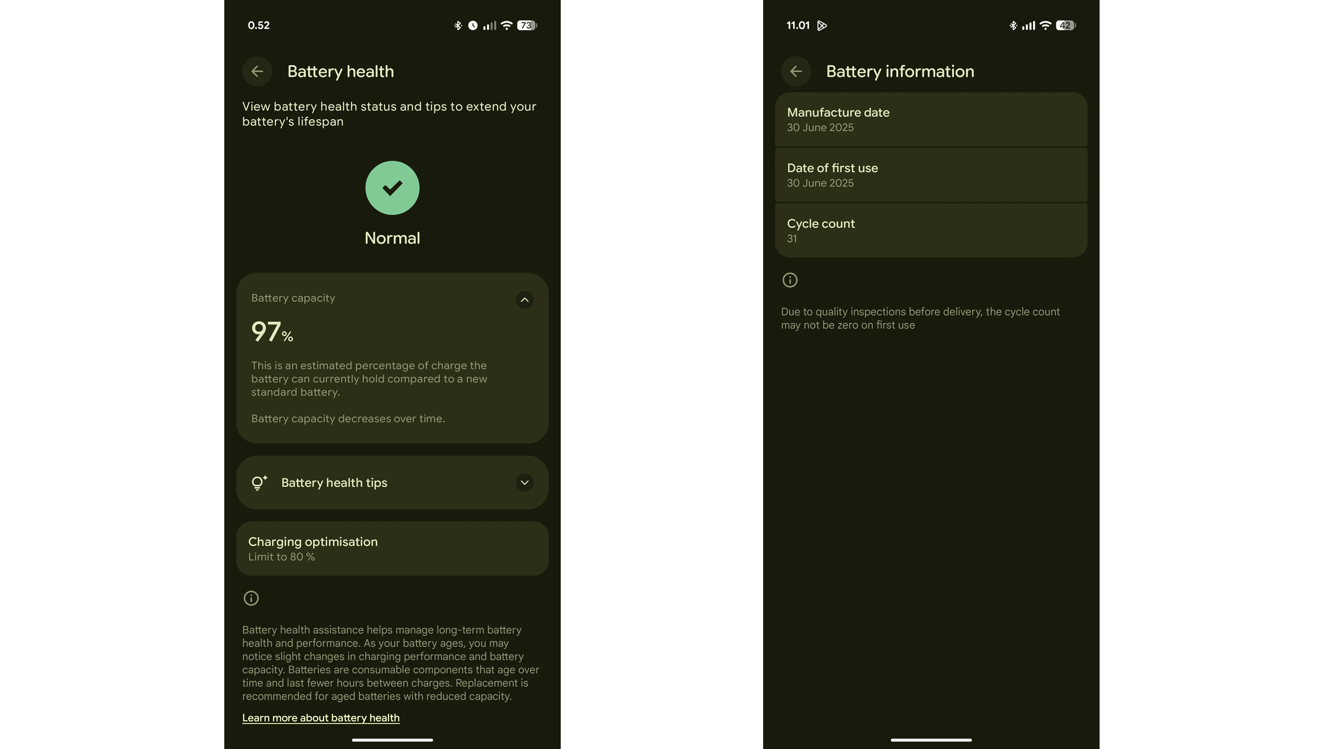 État de la batterie et informations sur un Google Pixel 10 Pro XL, affichant la capacité, des conseils et le nombre de cycles.