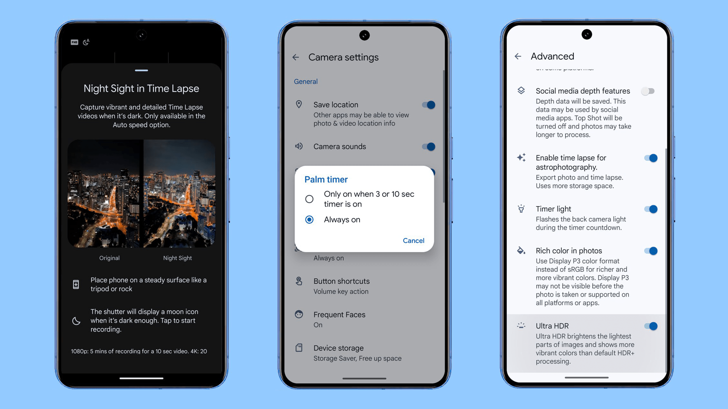 Pixel Camera 9.2 ajoute les vidéos time-lapse Night Sight, Ultra HDR, et des options pour le Palm Timer. / © Telegram/u/Google News