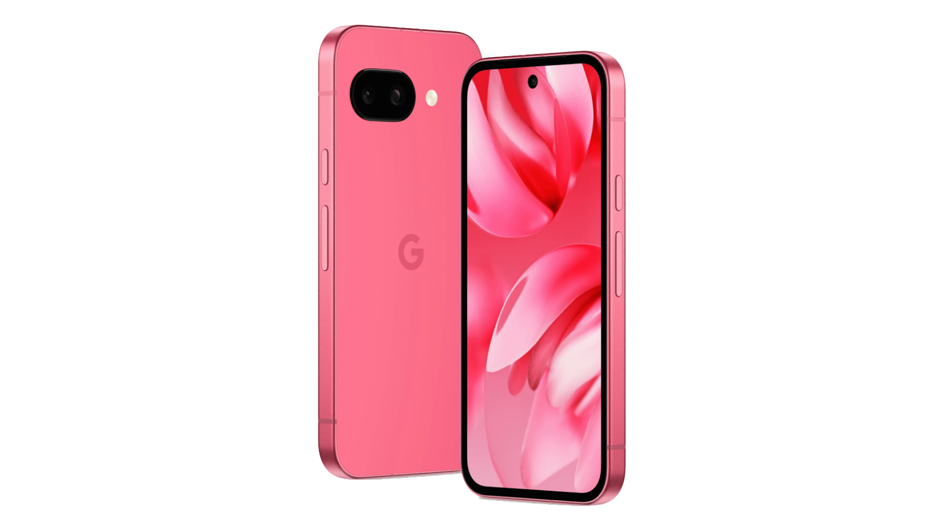Smartphone Google Pixel 9a rose, présenté de face et de dos, avec un écran vibrant.