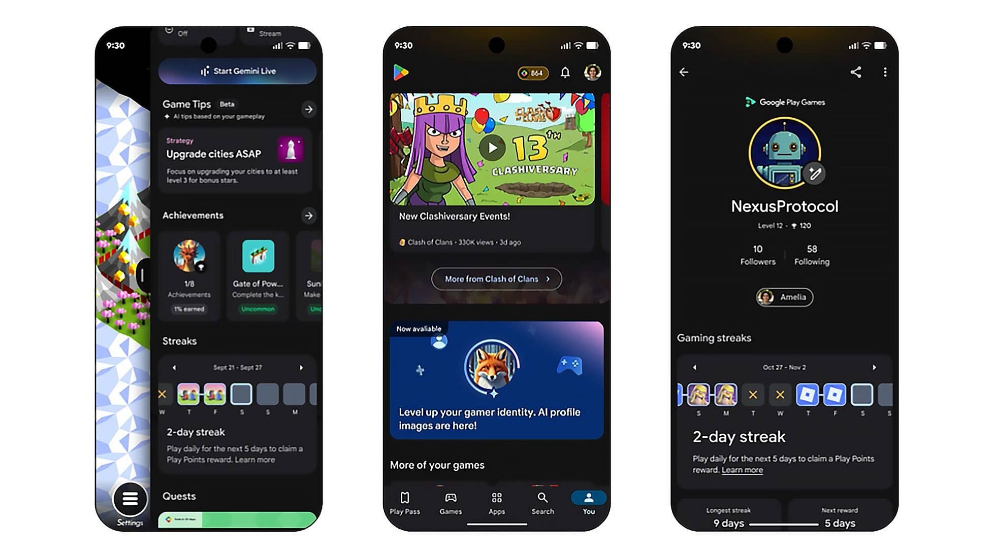 Captures d'écran de l'application Google Play Games montrant des conseils de jeu et le profil utilisateur.