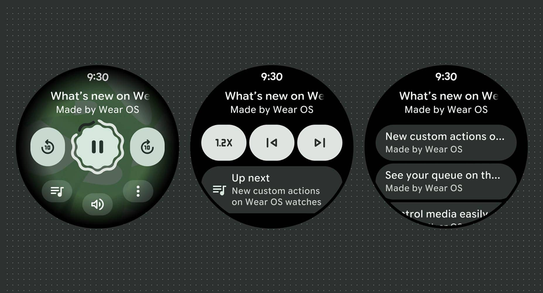 Interface Wear OS affichant des contrôles multimédias et de nouvelles fonctionnalités.