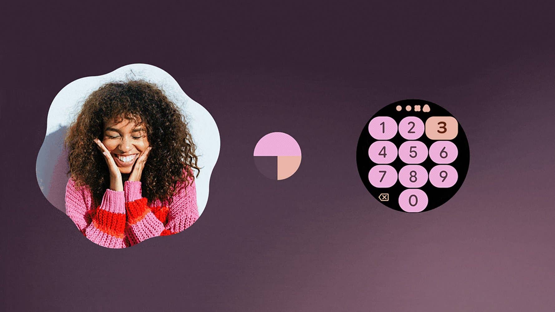Femme souriante avec des cheveux bouclés, pull rose et un clavier numérique circulaire dans un design coloré.