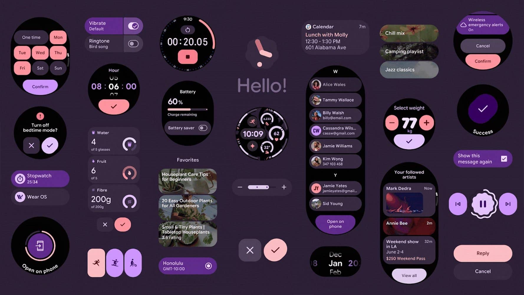 Interface utilisateur avec divers widgets, y compris un calendrier, l'état de la batterie et le suivi de la condition physique.