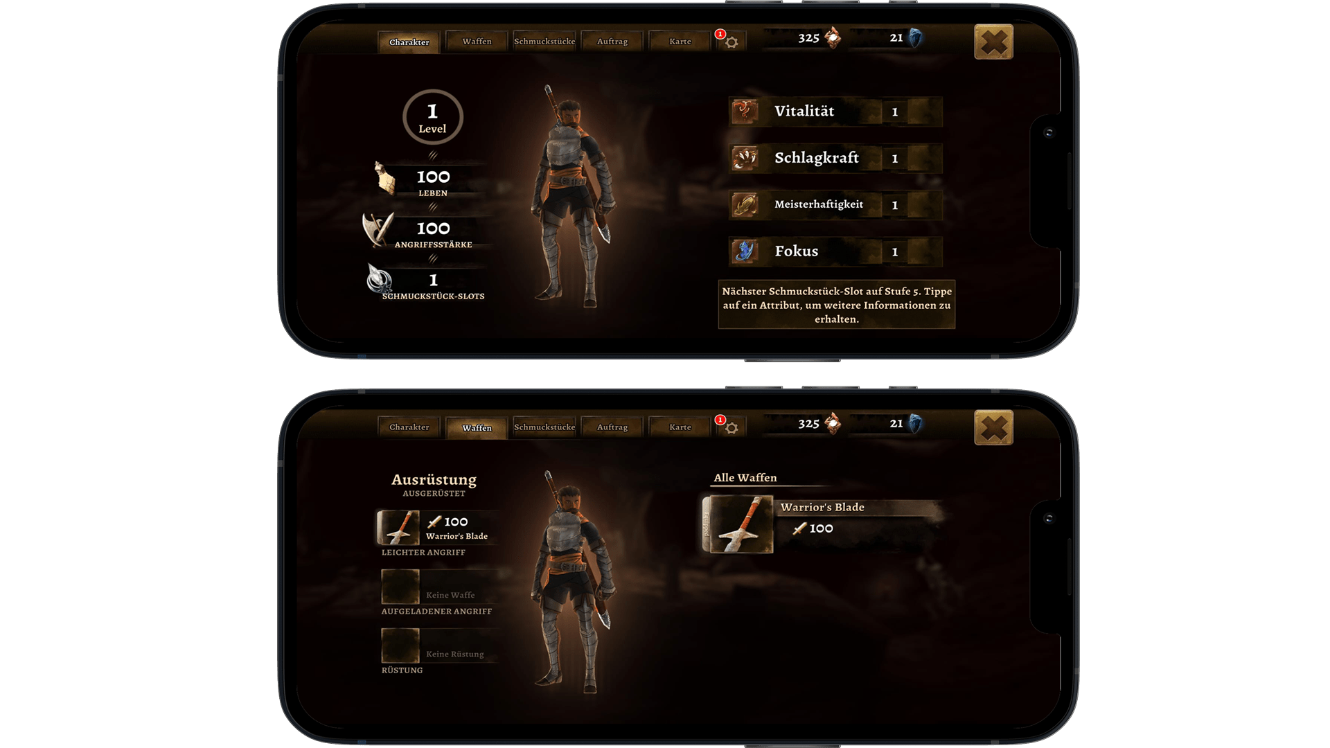 Captures d'écran du jeu mobile Grimvalor avec l'inventaire et l'arbre de compétences