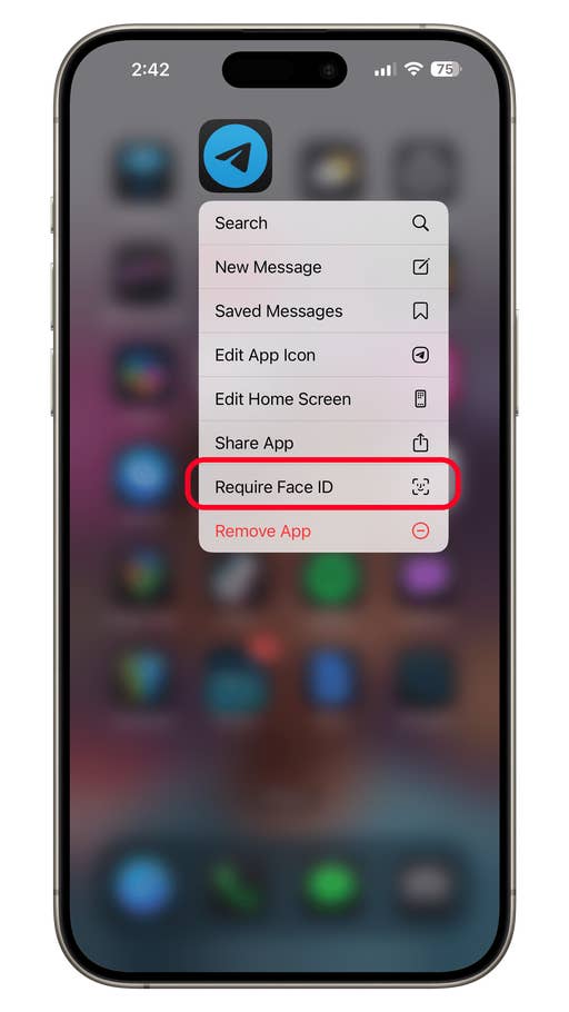 Écran du0027iPhone affichant les options de lu0027application Telegram, y compris u0027Exiger Face IDu0027 en surbrillance.